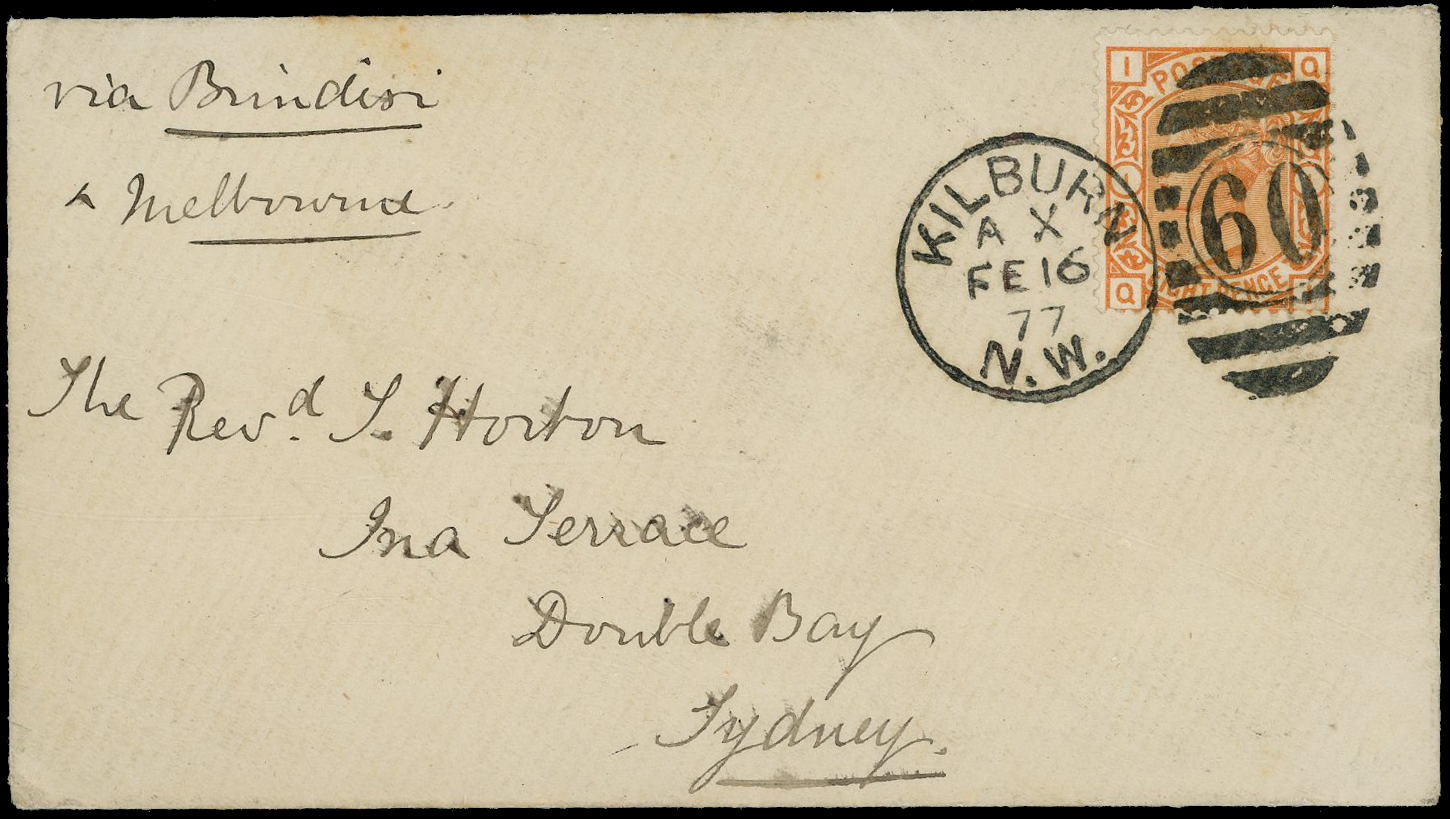 1877 Overseas mail. Very fine cover from Kilburn to Sydney, Australia routed via Brindisi and Melbourne