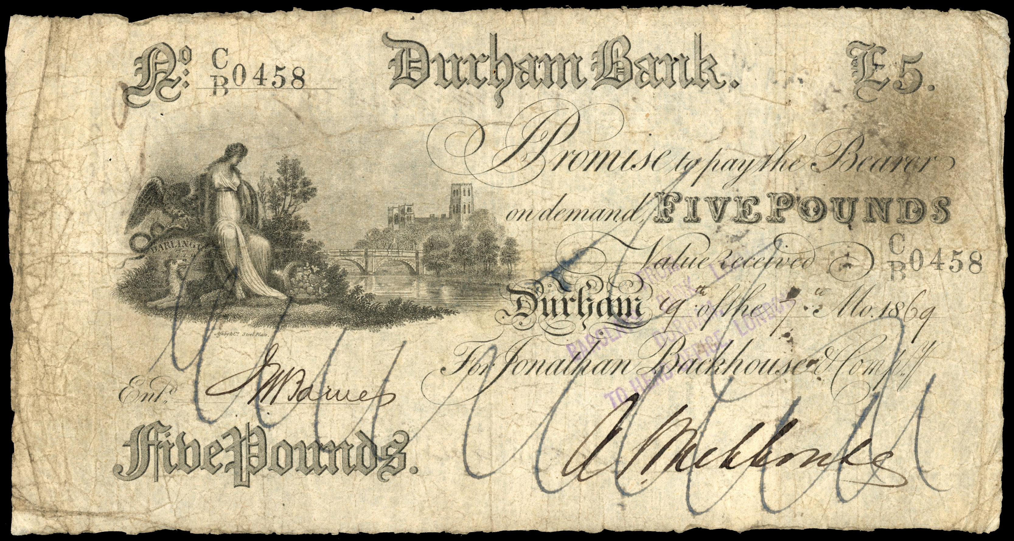 DURHAM, Durham Bank for Jonathan Backhouse & Co., £5.,19 of the 7th month 1869, signed A Backhouse, serial no.…