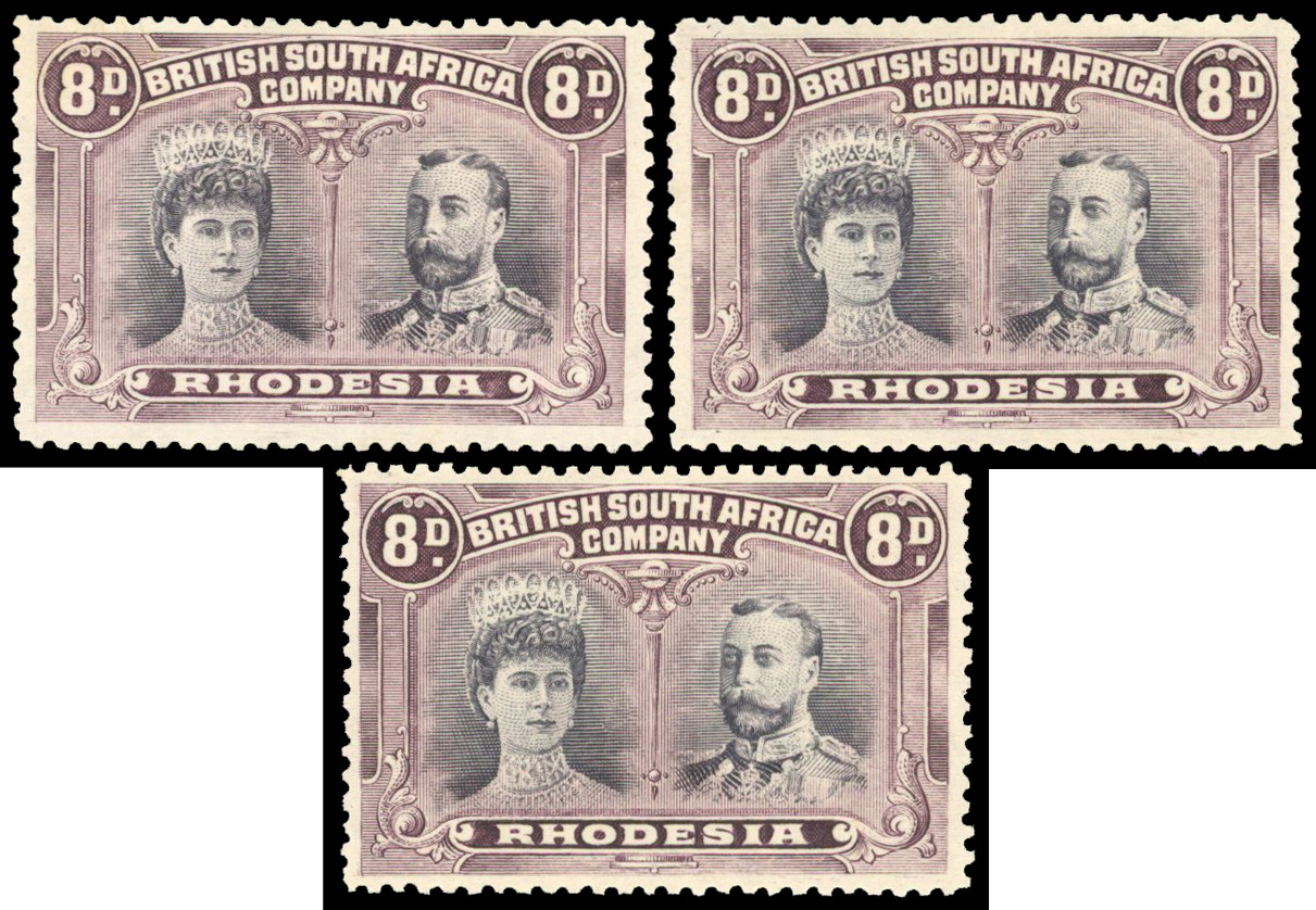 † 8d grey-black and dull purple perf 13½ SG 185, positions 25, 35 and 46 mint