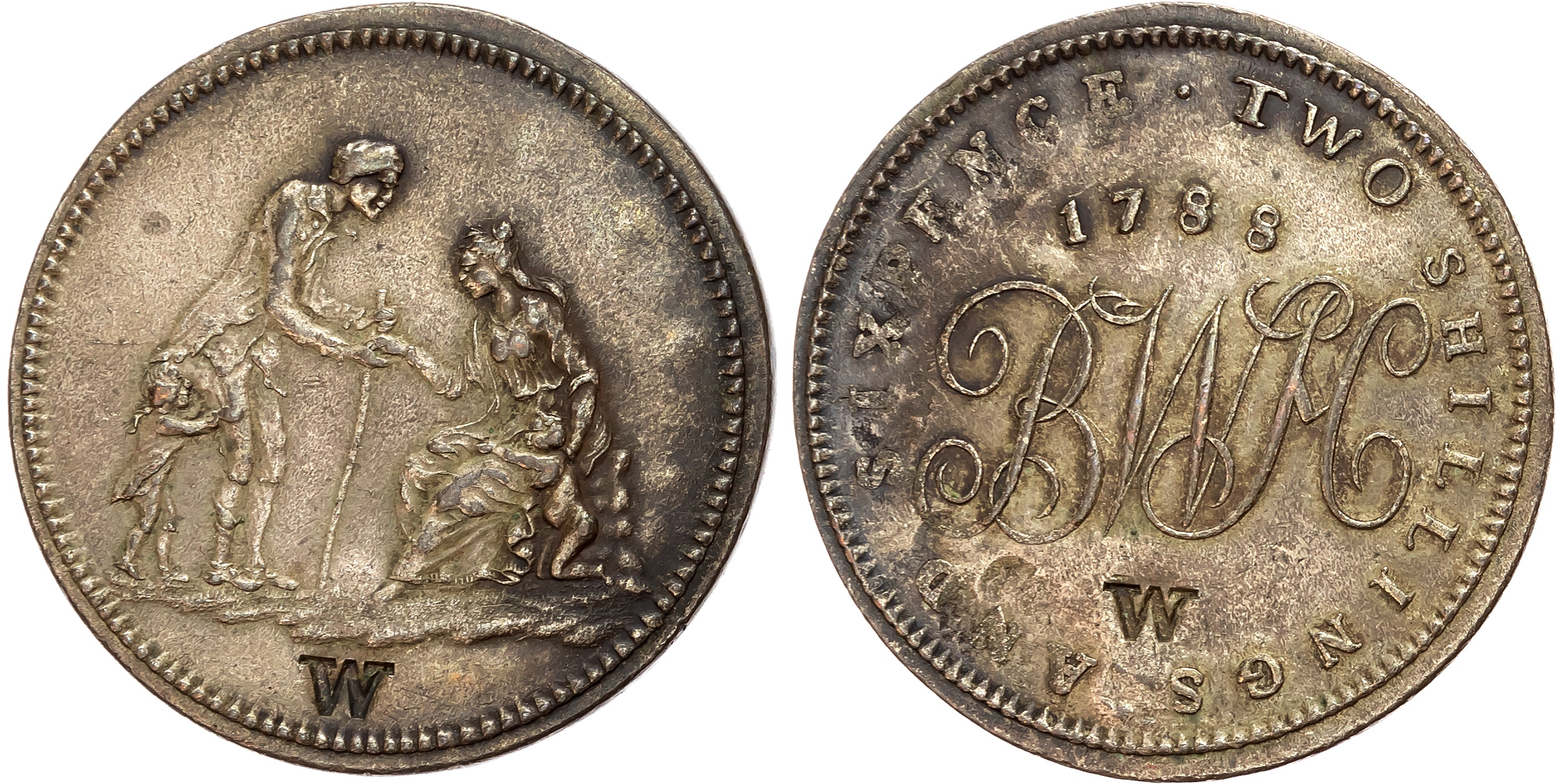 Warks. Birmingham , Workhouse , Gimblett’s silvered Two Shillings 1788, Counterstamped ‘W’ both sides, Charity seated, …