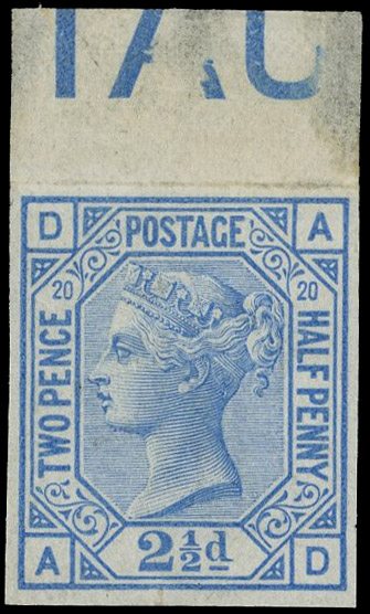 1880 2½d Blue Pl.20. Very fine unused o.g. imperforate top marginal imprimatur lettered AD. Scarce one of only 22 possib…