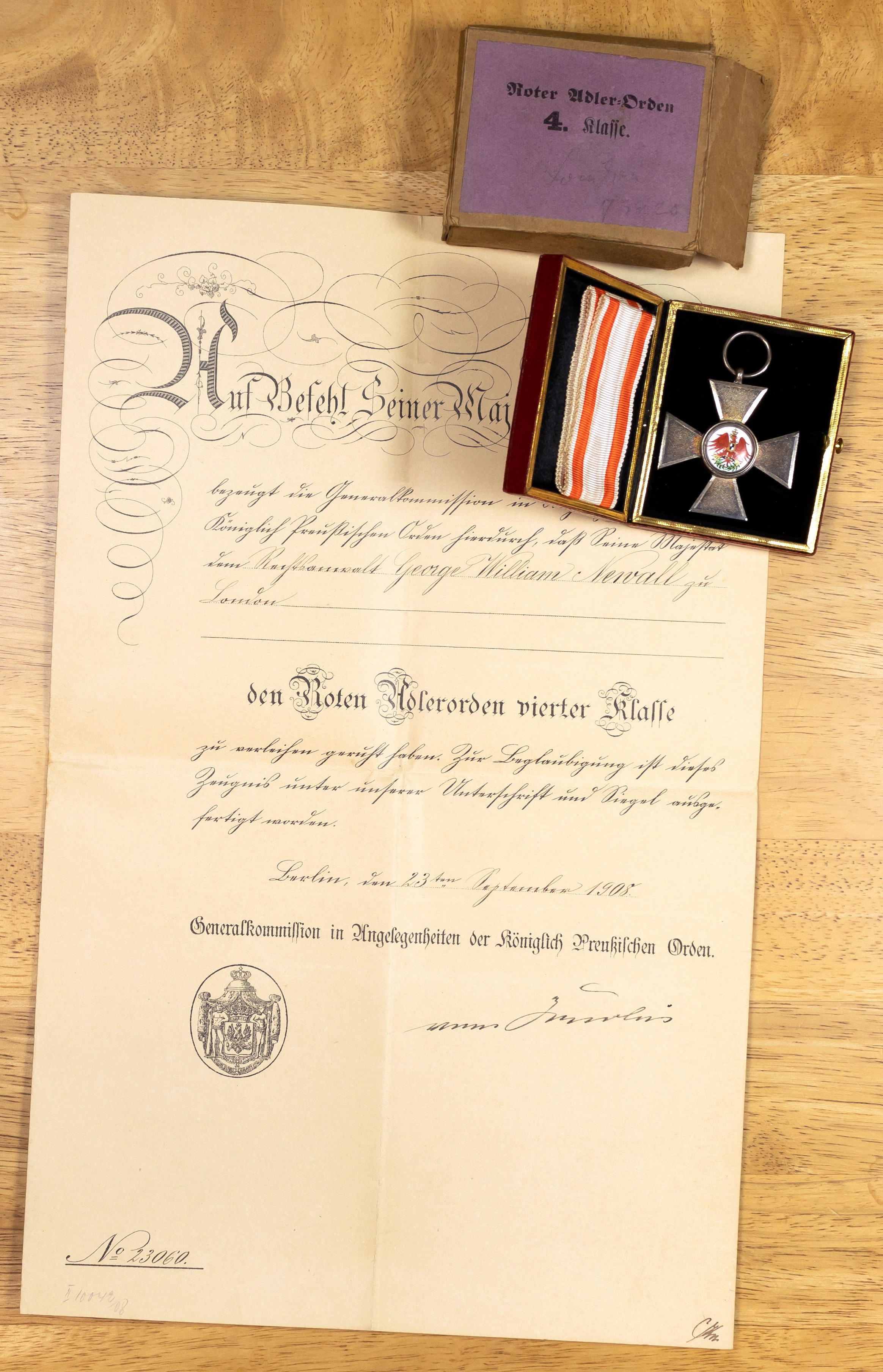 Germany - Prussia – The Order of the Red Eagle, 4th Class, awarded to George William Newall Esq. in October 1908
