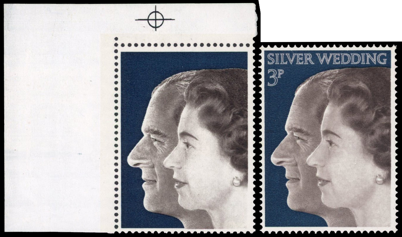 GB: 1972 3p Royal Silver Wedding, top left hand corner marginal, silver omitted, fine unmounted o.g. SG 916a