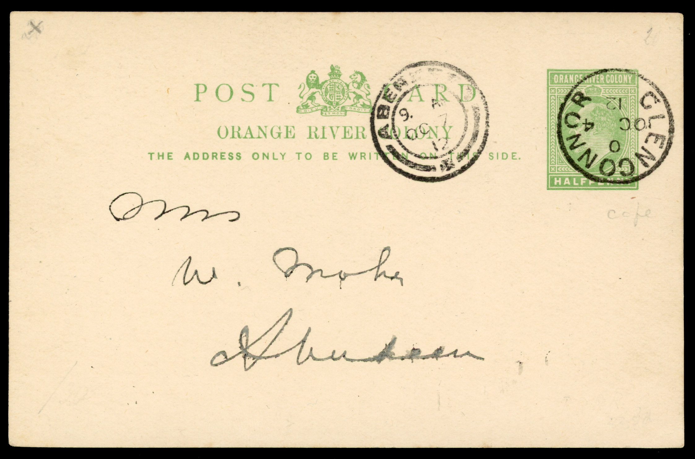 POSTAL HISTORY: 1902 ½d postal stationery postcard (H&G 35) to Natal, cancelled “SMALDEEL.ORC/ 1.FE.04”