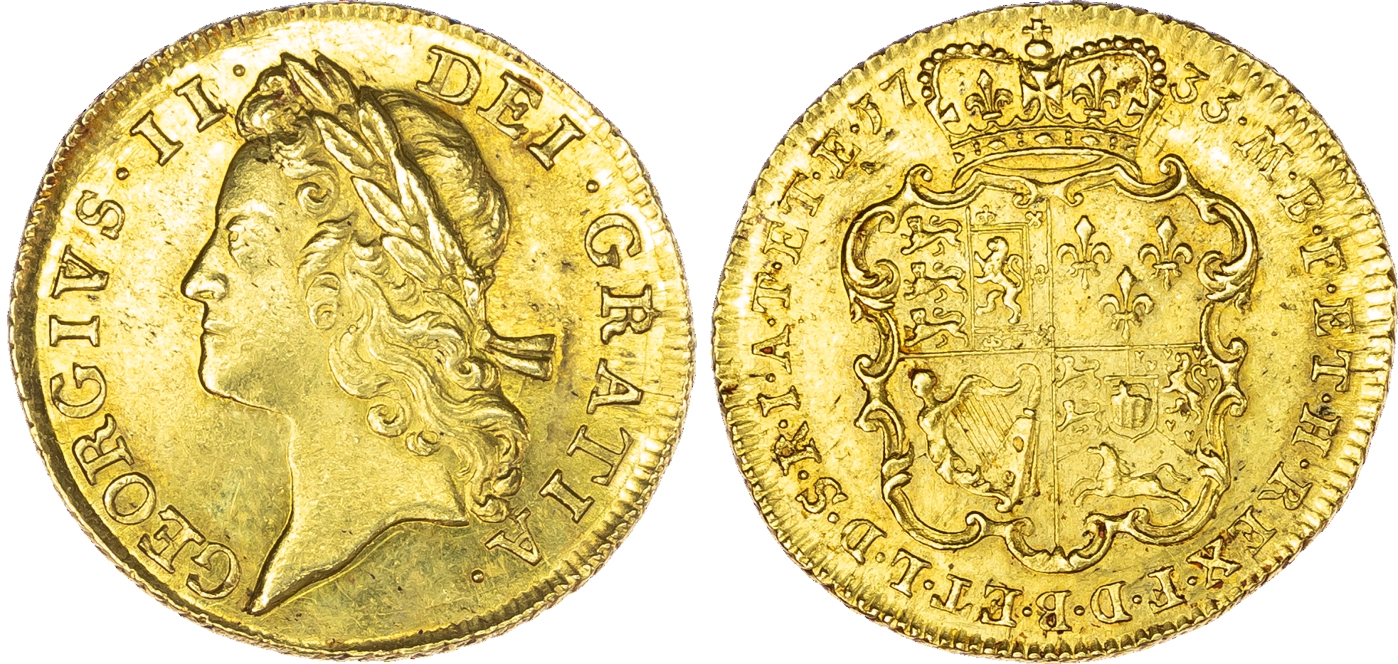 George II (1727-60), Guinea, 1733, second young laureate head left, legend surrounds GEORGIVS II DEI GRATIA. Rev, crowned