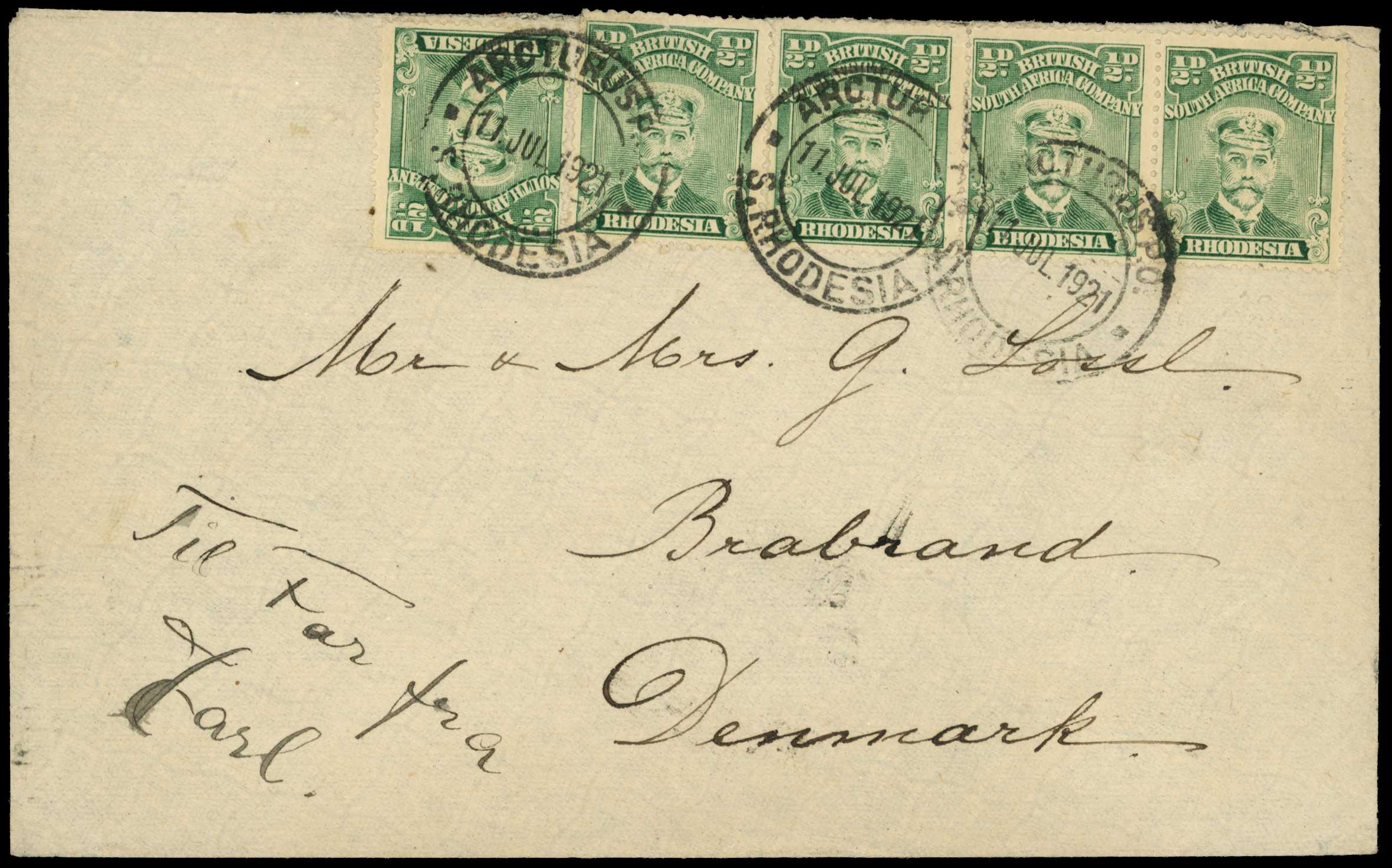 Usages. 1921envelope to Denmark bearing strip...