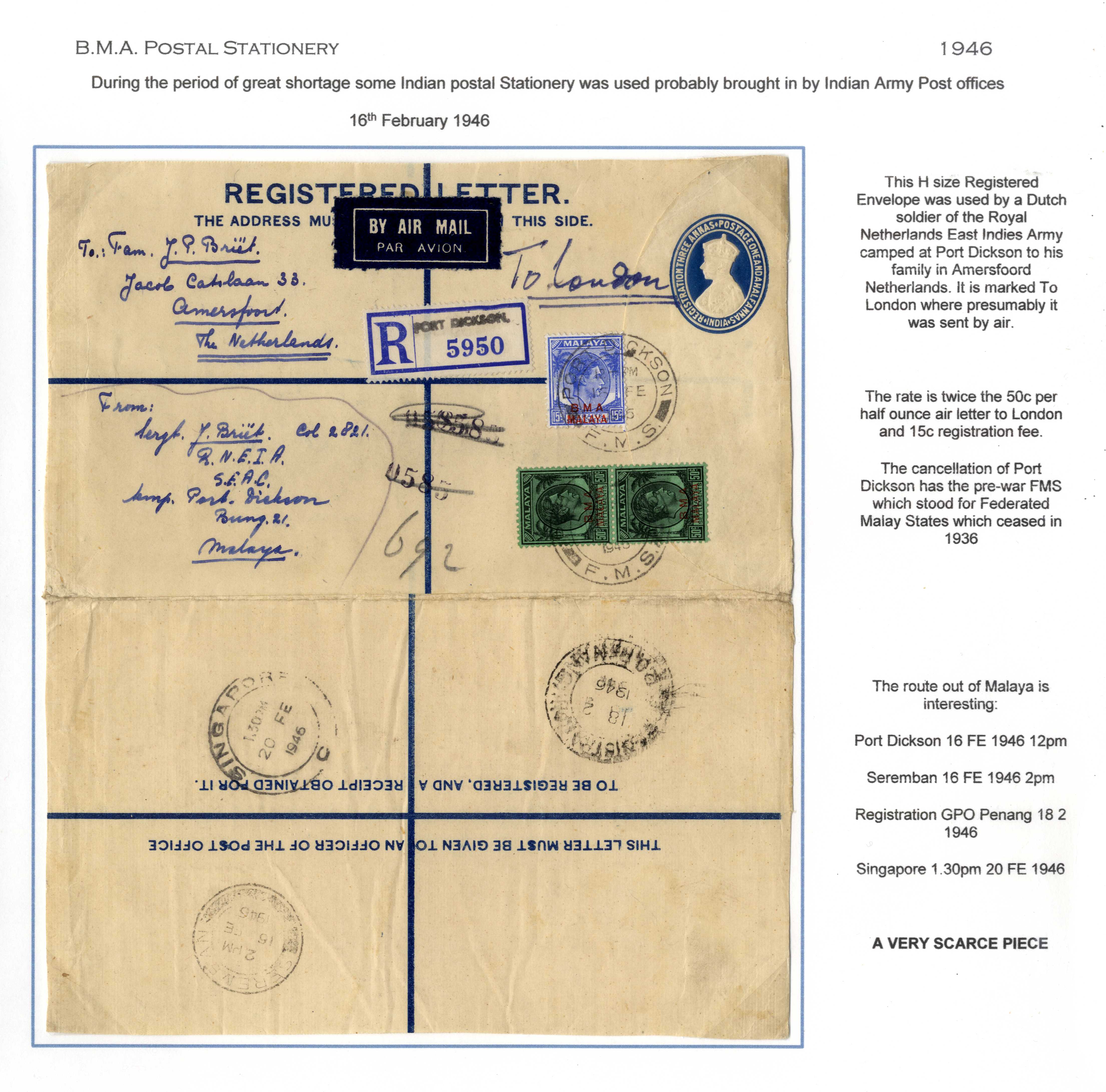 Malaya BMA period India size H registered envelope used