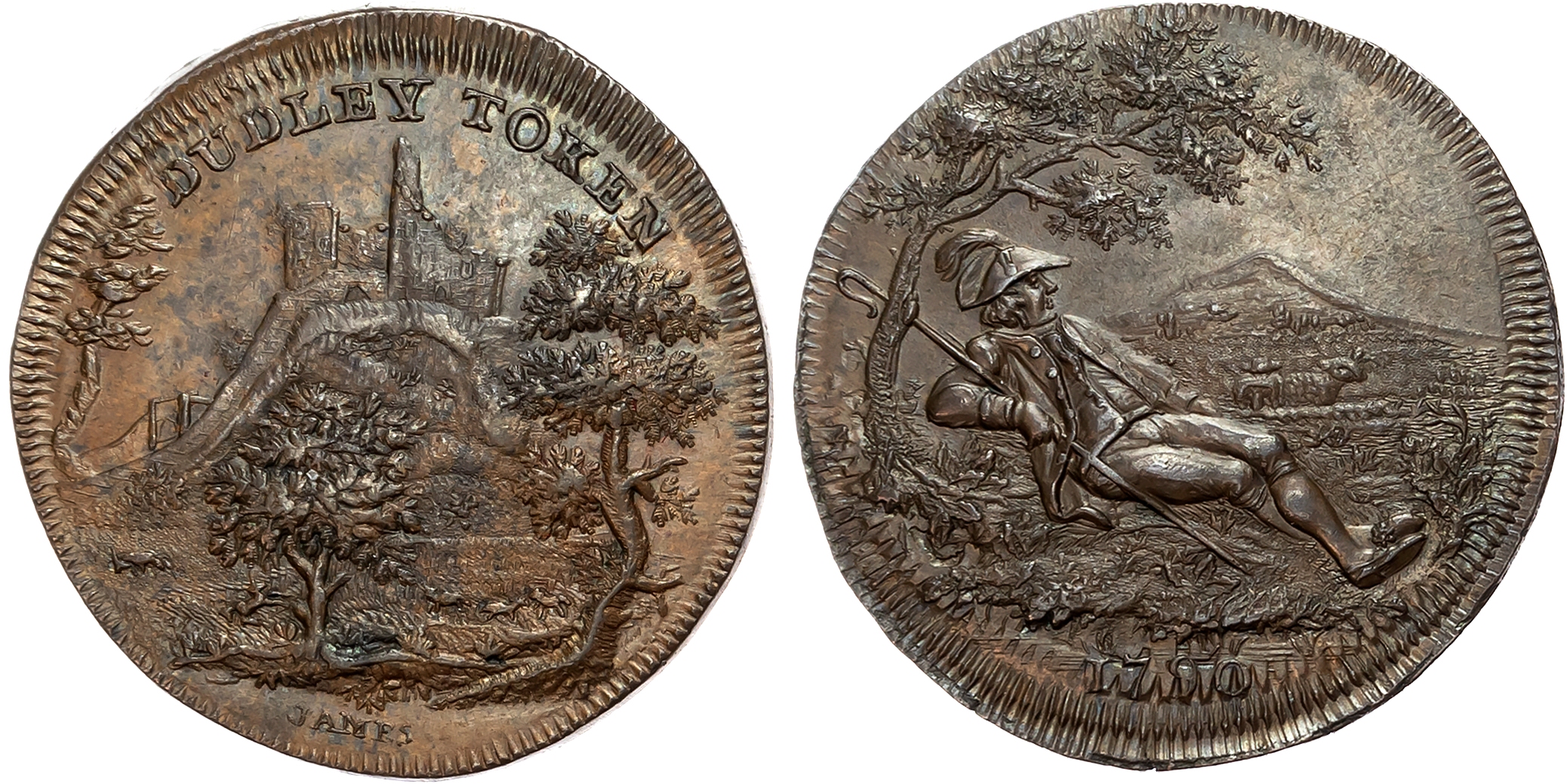 Worcs. Dudley , Thomas Spence Halfpenny 1790, Distant view through the trees of Dudley castle, rev . A shepherd reclinin …