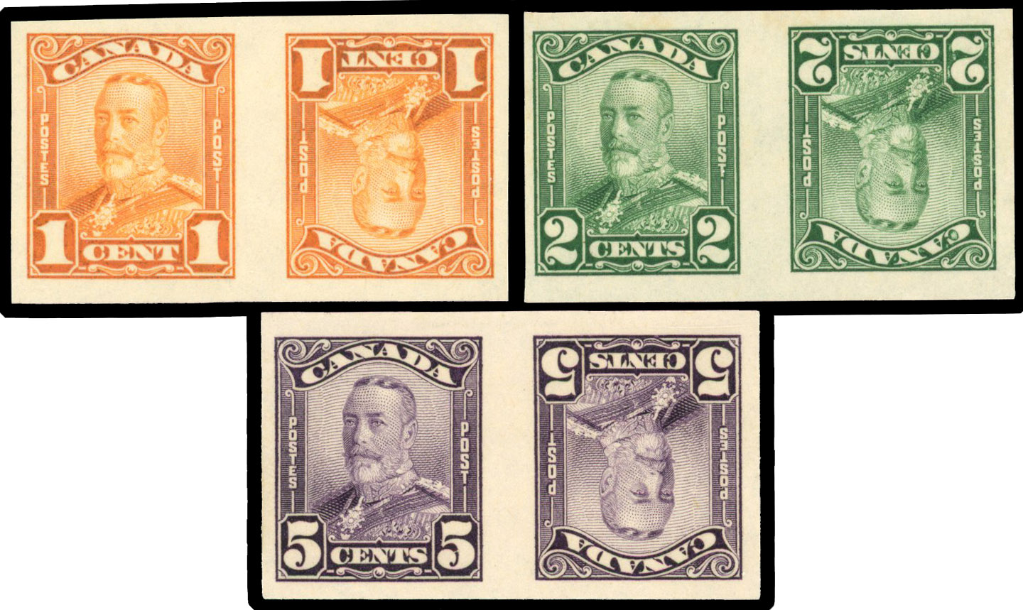 Canada SG 275, 276, 279 vars 1928-29 Scroll Issue 1c, 2c & 5c imperforate tete beche pairs cat £975