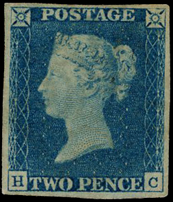 1840 2d Blue Pl.1. Unused four margin part gum example