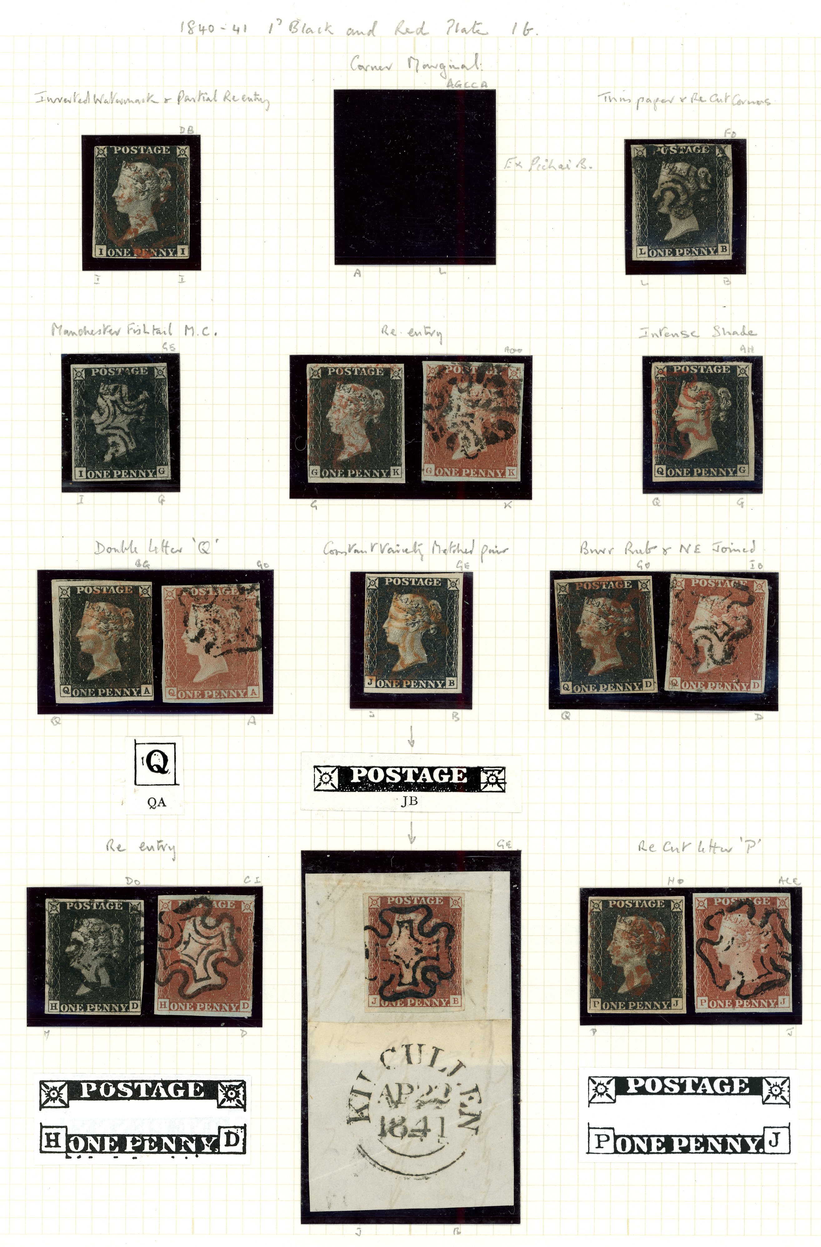 1840 1d Black Pl.1b. Interesting group of sixteen used adhesives