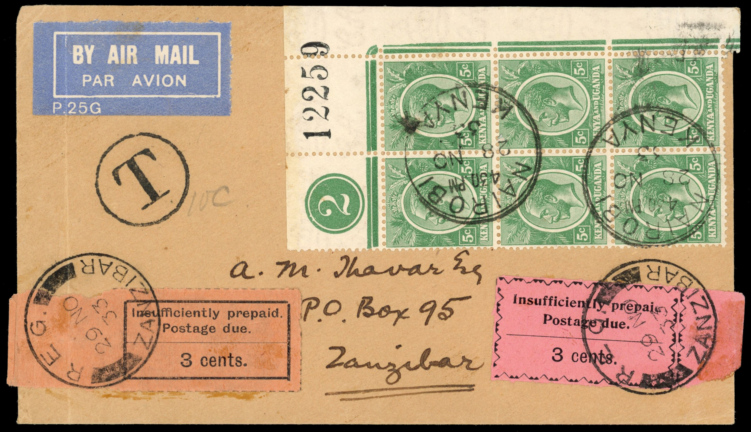 Zanzibar SG D3, 19 1933 incoming cover