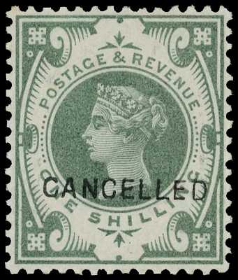 1887 1/- dull green overprinted CANCELLED...