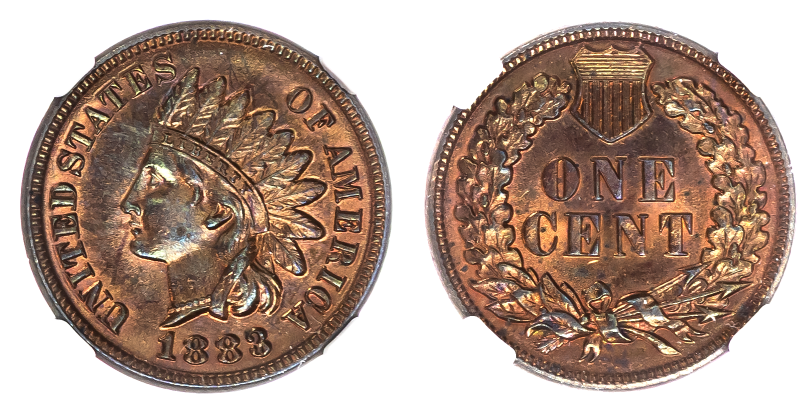 USA , Indian Head bronze Cent, 1883, Philadelphia (KM 90a) . In NGC holder graded MS 62 RB (8222221-006).…