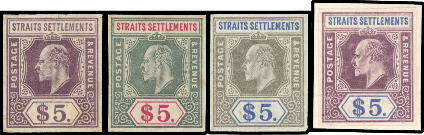 Straits Settlements 1901 KEVII $5 imperf colour trials x4