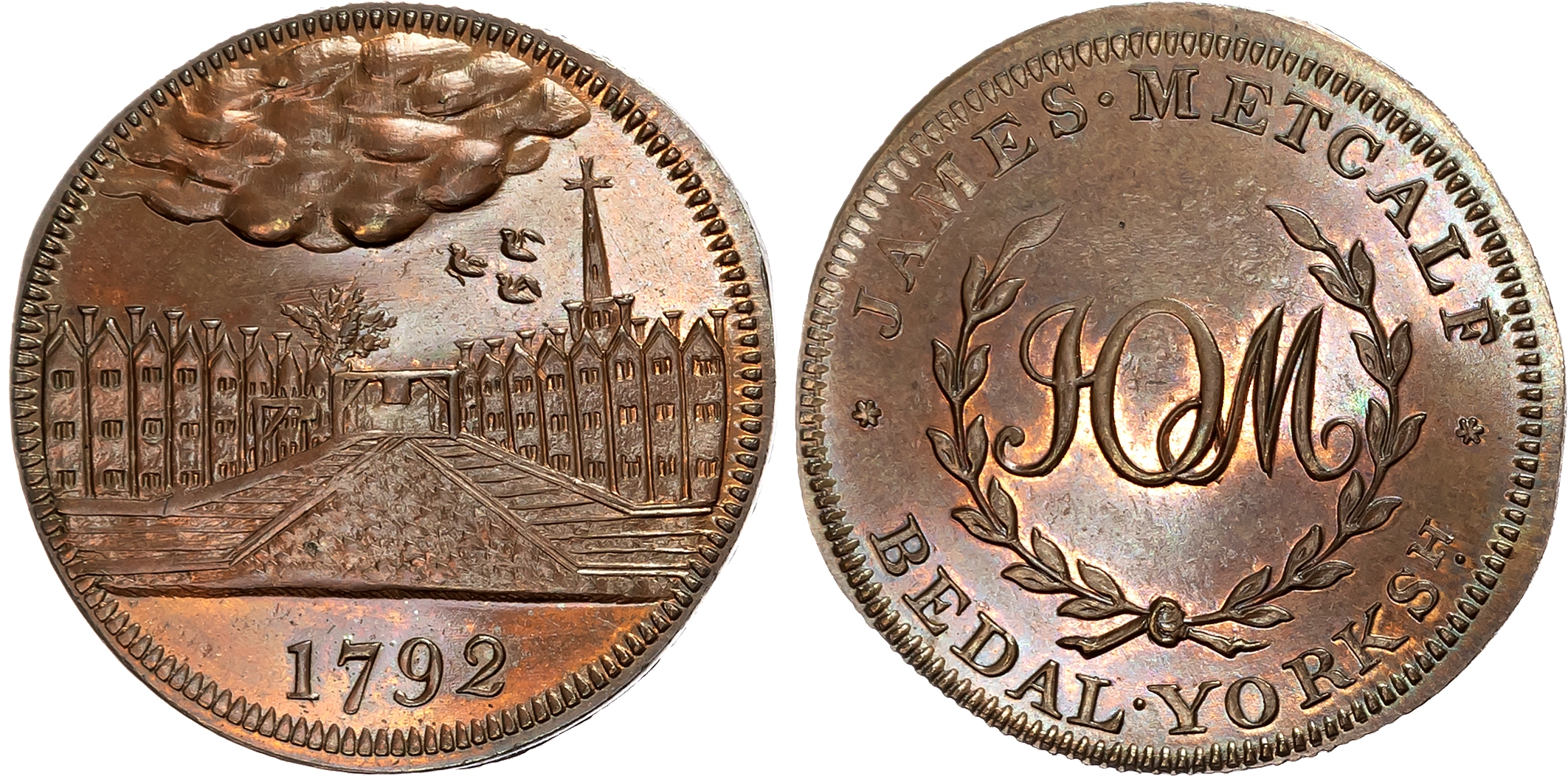 Yorks. Bedale, James Metcalf, Skidmore’s Halfpenny 1792, View of a terraced street, church behind, rev . JOM cypher in w …