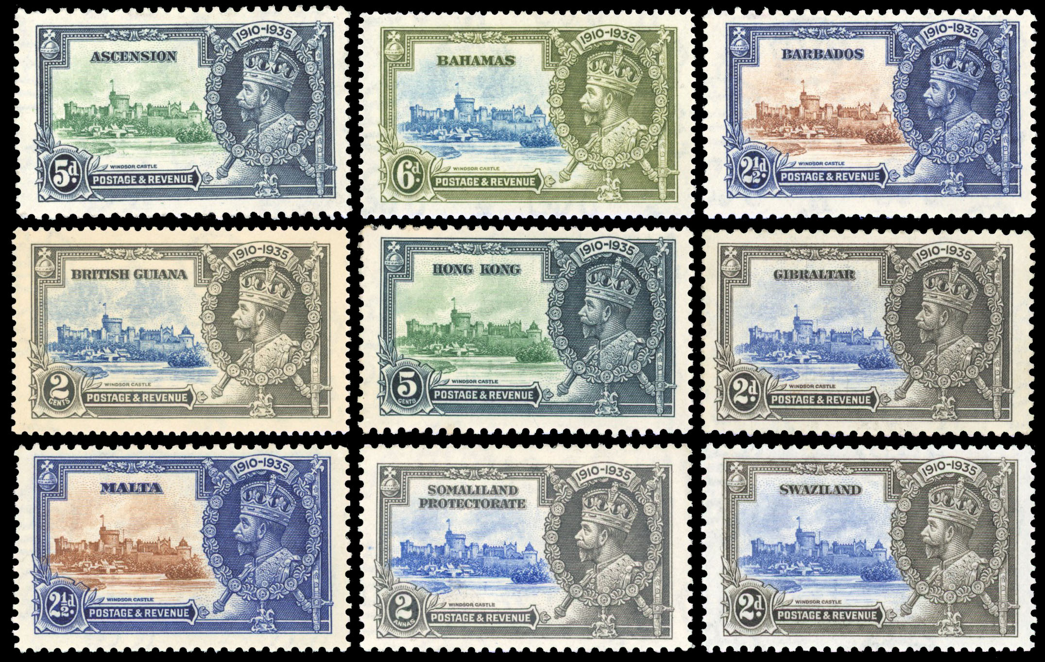 1935 Silver Jubilee mint varieties including Ascension 5d Kite and vertical log, Bahamas 6d  Dot to left of chapel,