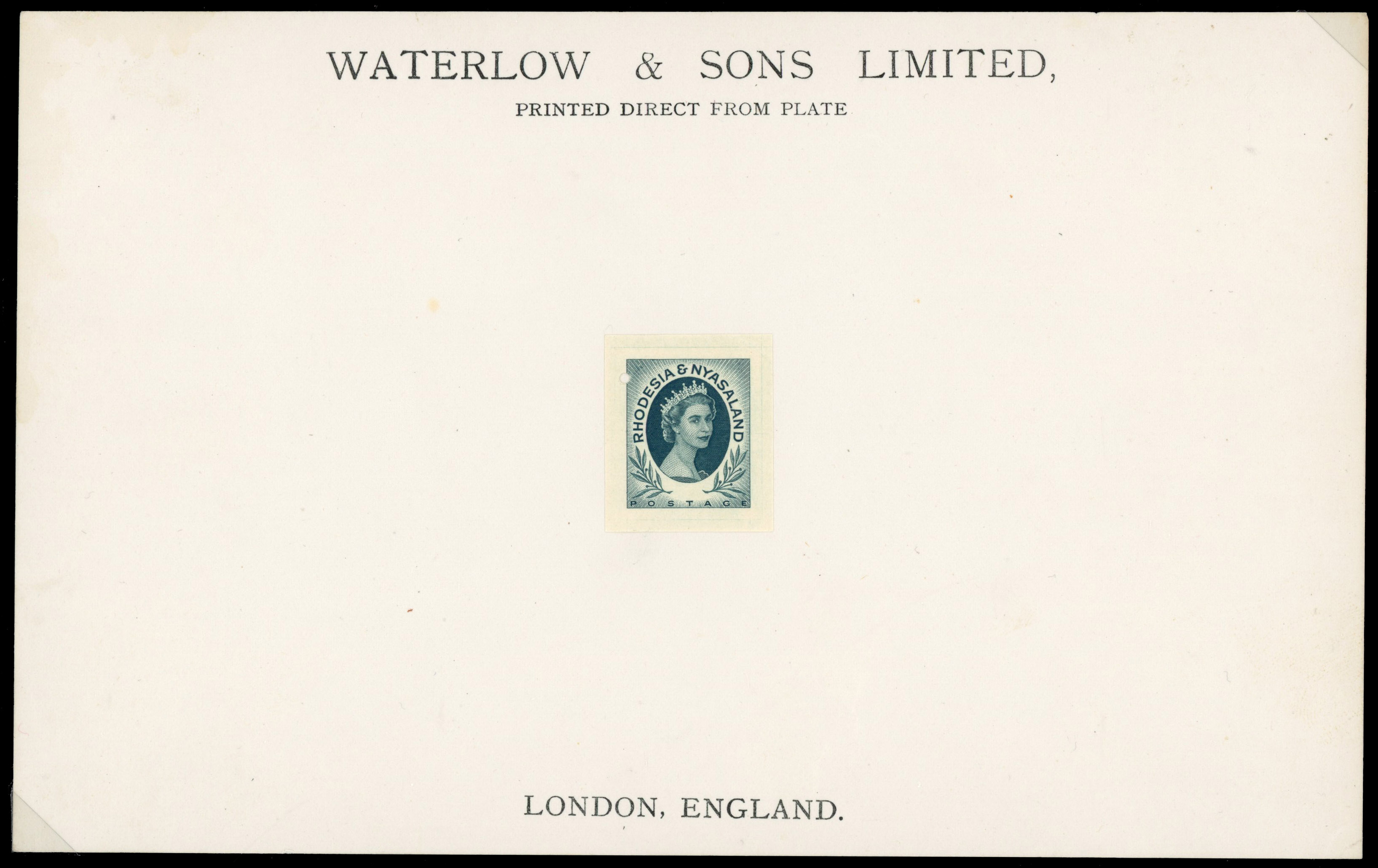 Rhodesia & Nyasaland 1954 undenominated imperforate proof in slate on Waterlow sheet