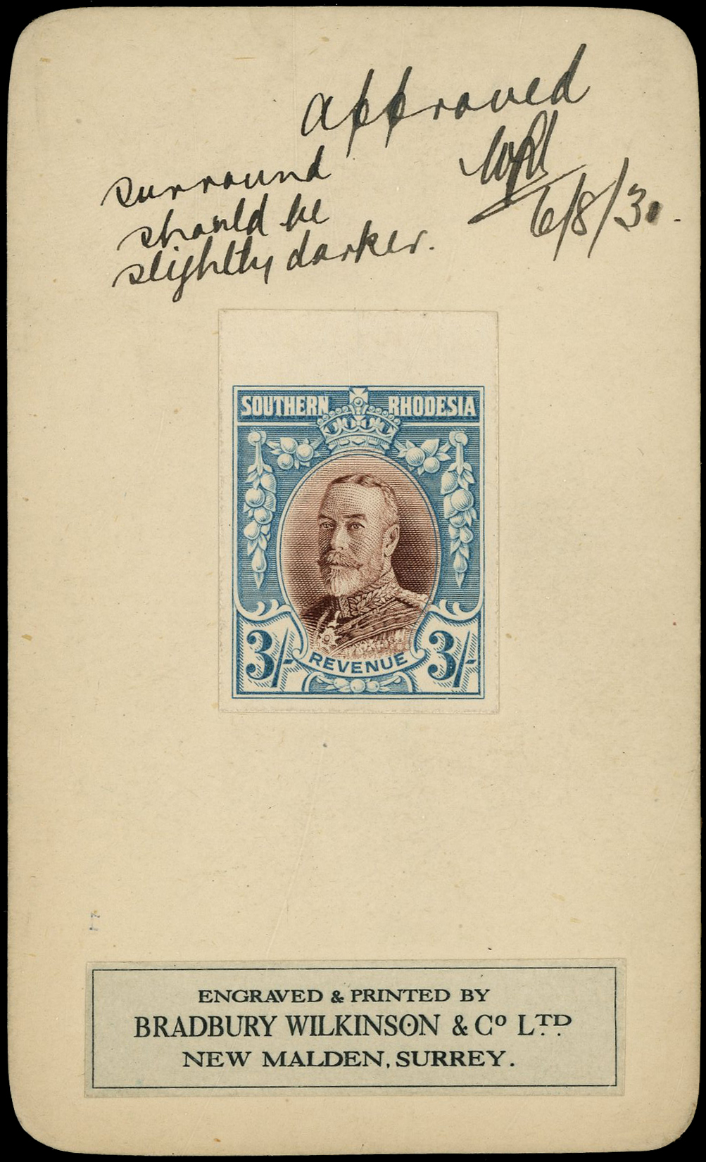 Southern Rhodesia 1930 3s blue and brown, imperforate colour trial