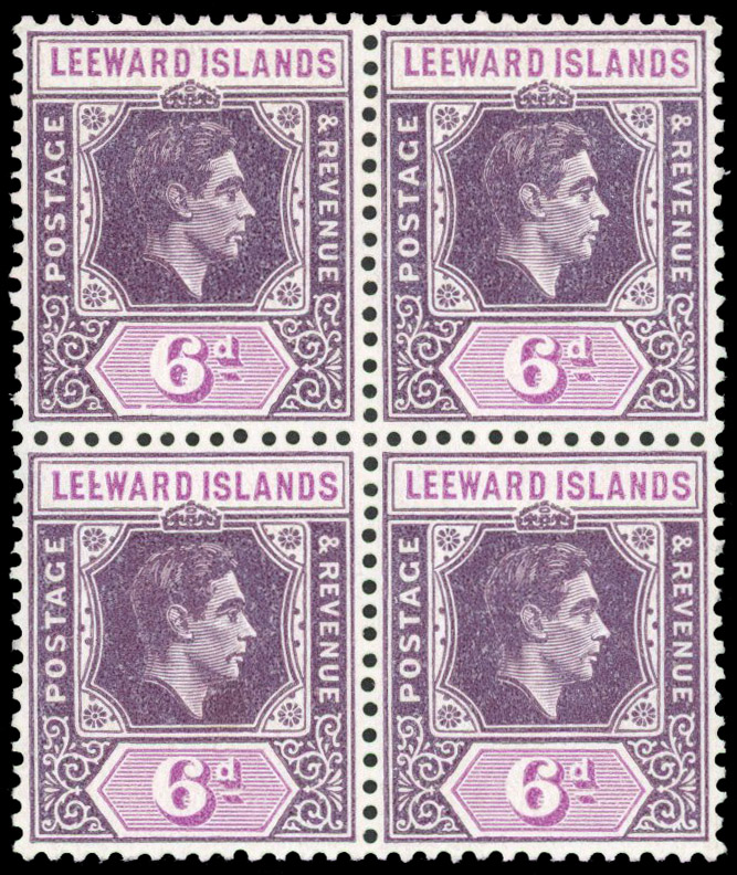 Leeward Islands SG 109ab 1943 6d broken 'E' block mint