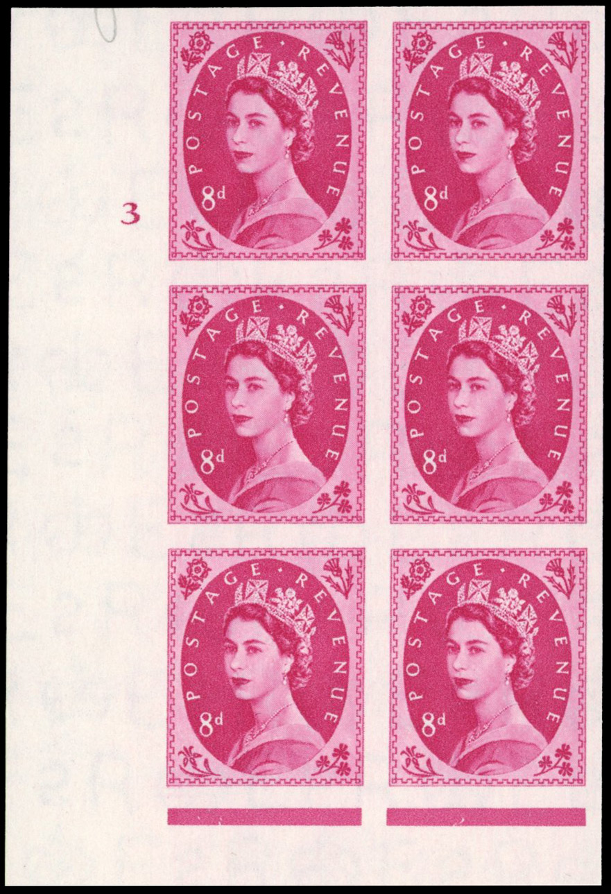Great Britain 1955 8d Magenta, Cylinder Block of Six, BPMA Imprimatur, SG 550