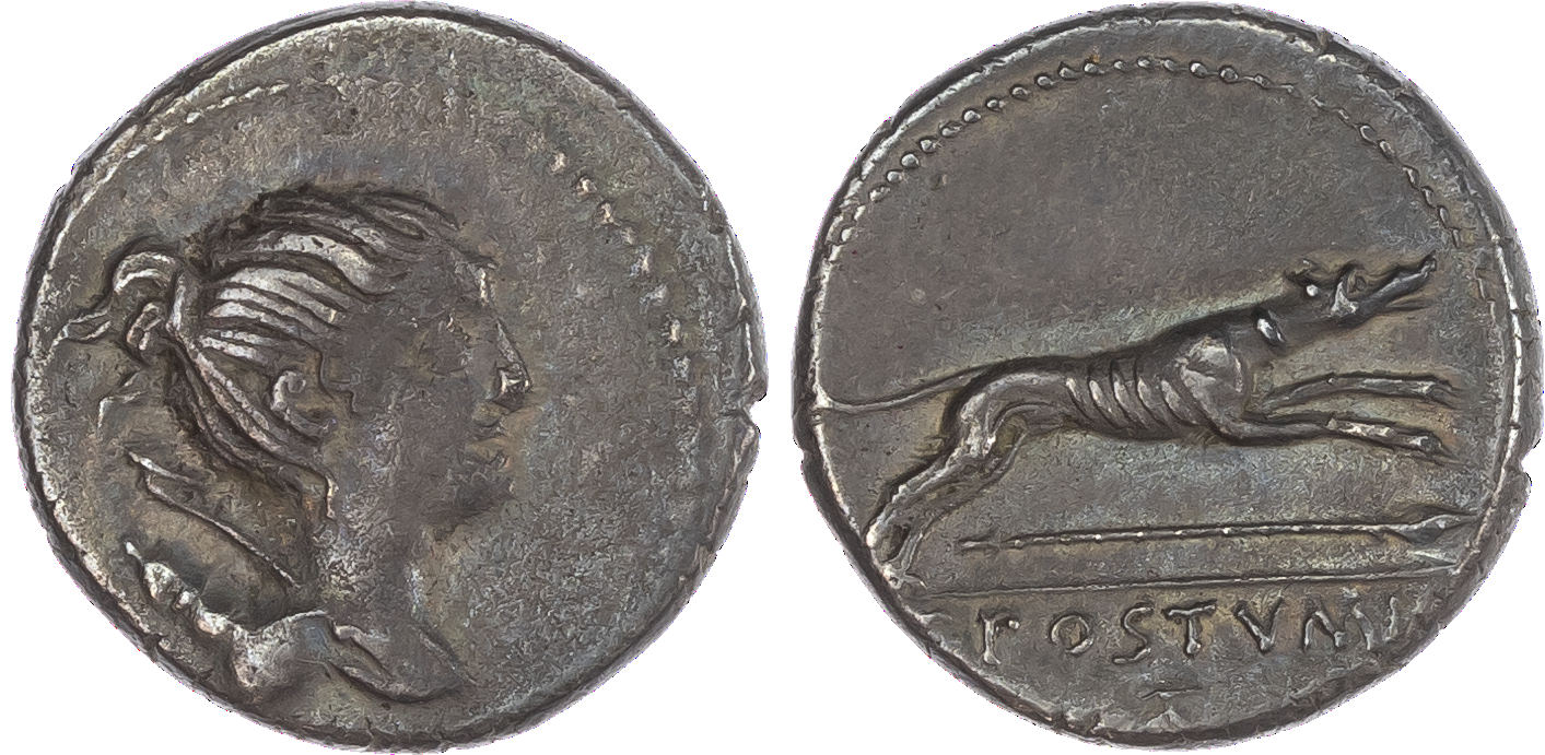 C. Postumius (73 BC) AR Denarius, Rome, 3.81g. Draped bust of Diana facing right, bow and quiver over shoulder. Rev. Hound