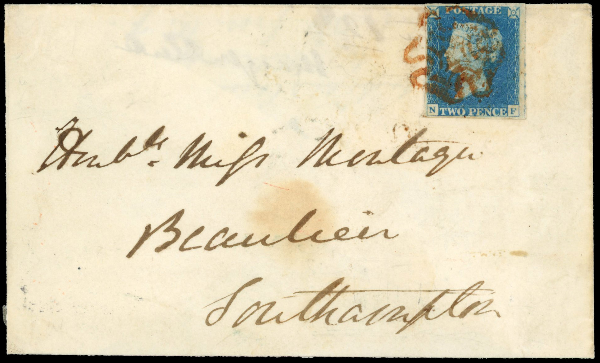 GB: POSTAL HISTORY: 1840 2d pale blue, plate 1 (NF), cover to Southampton tied by deep orange-red Muirkirk Maltese cross