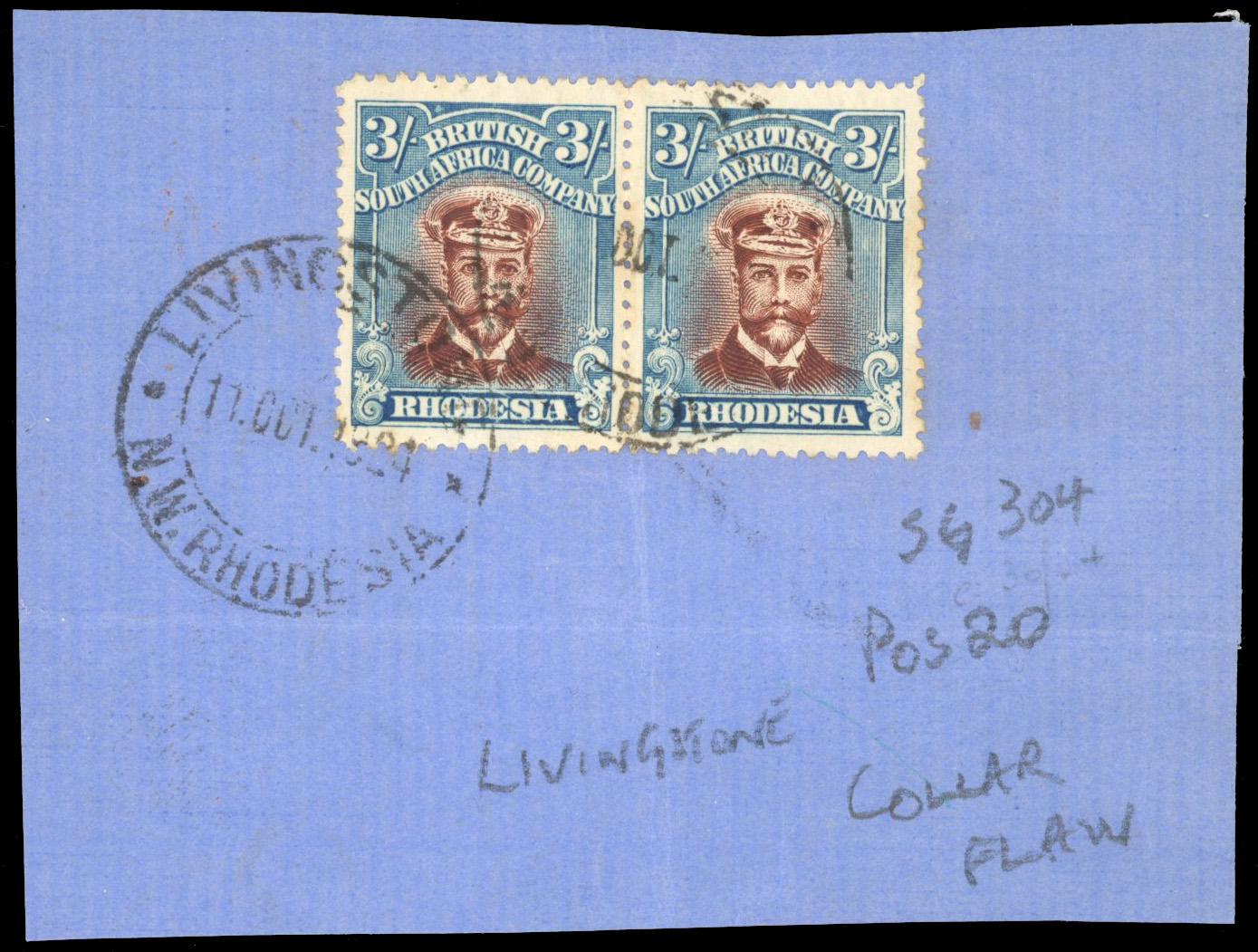 Rhodesia SG 304 3s Head Die IIIB pair, R2/10 collar flaw, used on piece