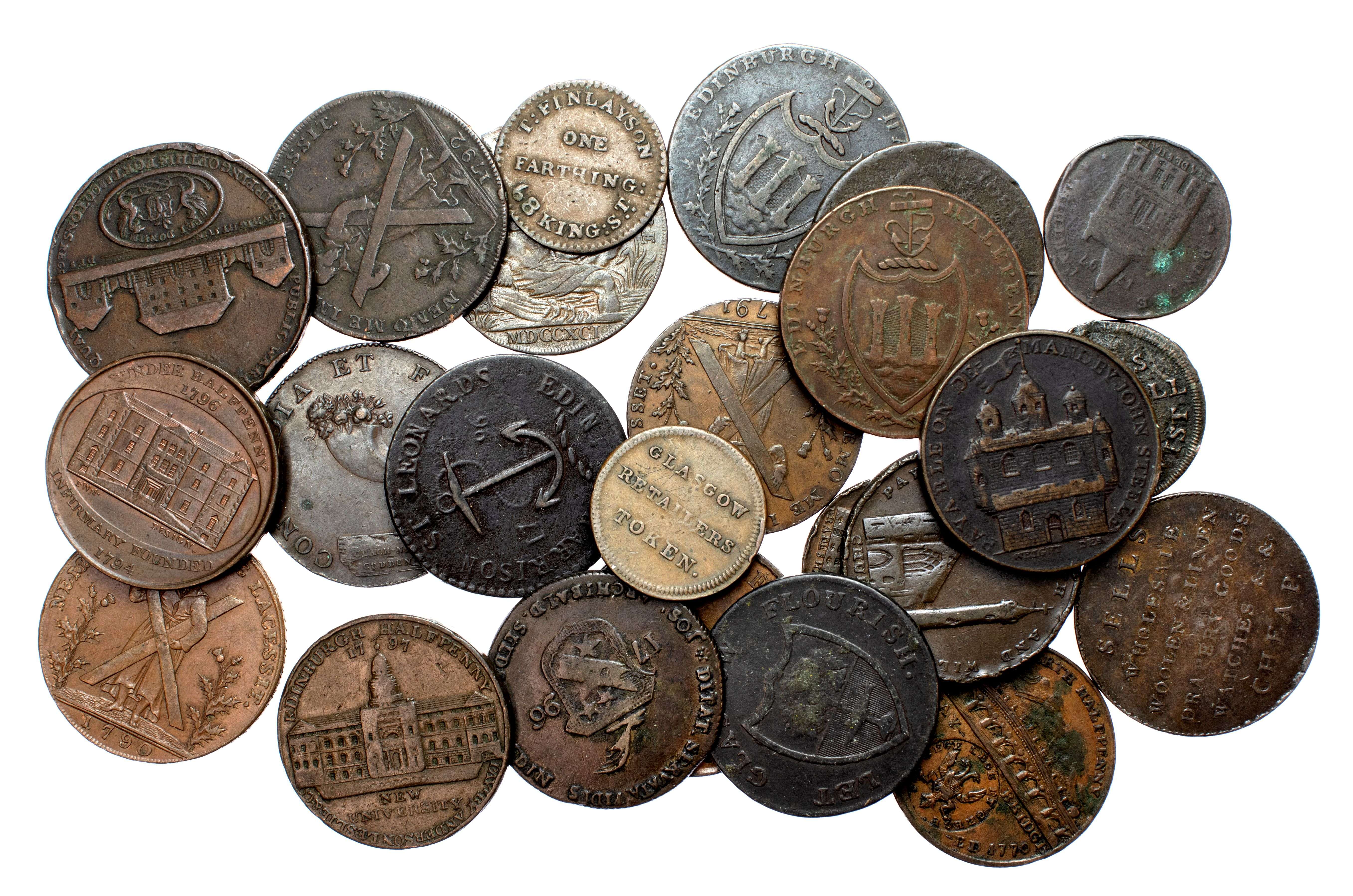 Lot of 24 Scottish 18th. century tokens from Dundee, Forfar, Edinburgh, Glasgow, Inverness, and Perth. Generally Very Fi …