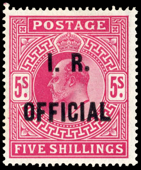 Great Britain SG O25a 1902-04 I.R. Official 5s bright carmine variety Raised stop after R