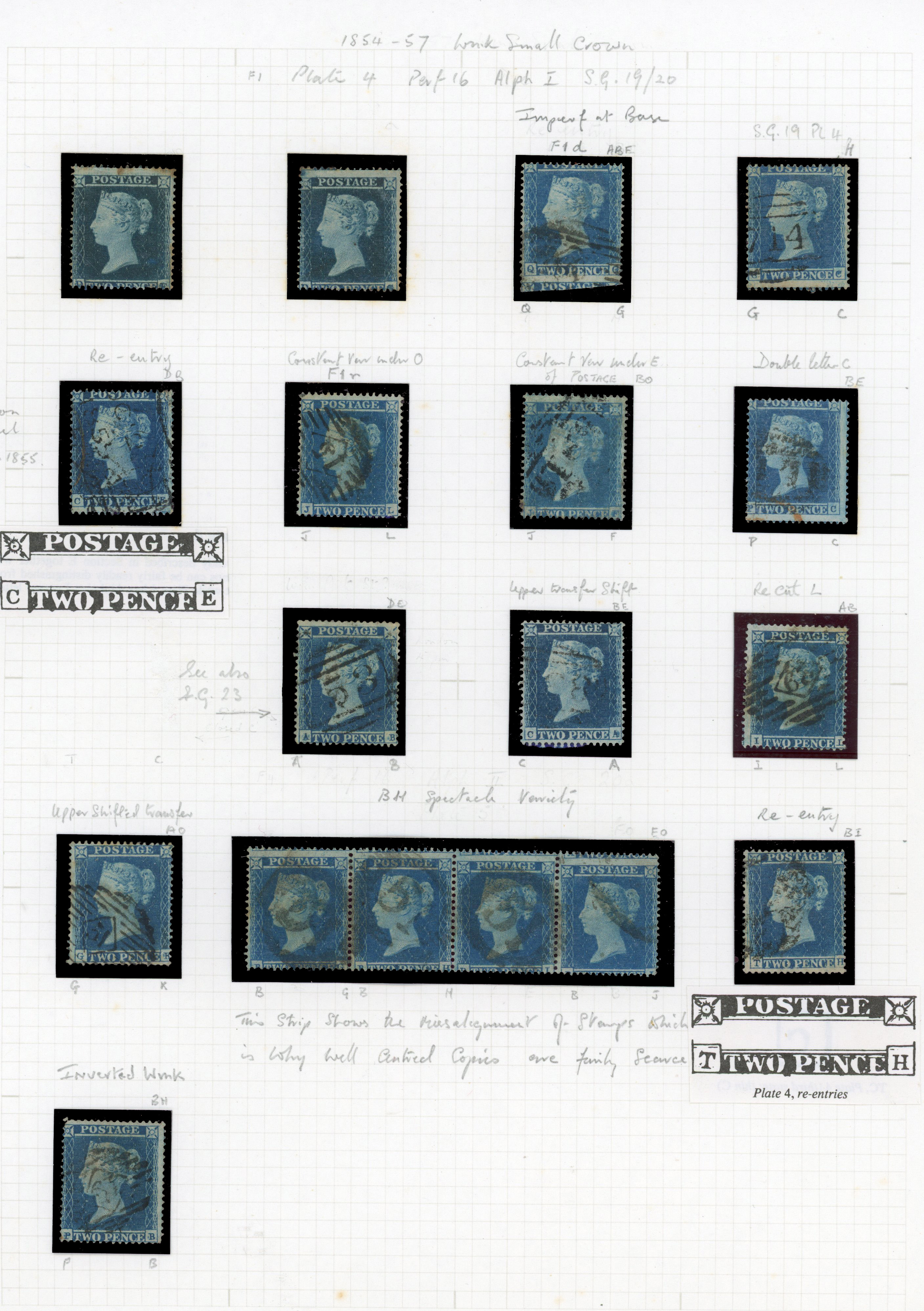 1854 2d Blue Pl.4 (Die I, Alphabet I, Wmk. Small Crown, Perf 16). group of Pl.4.