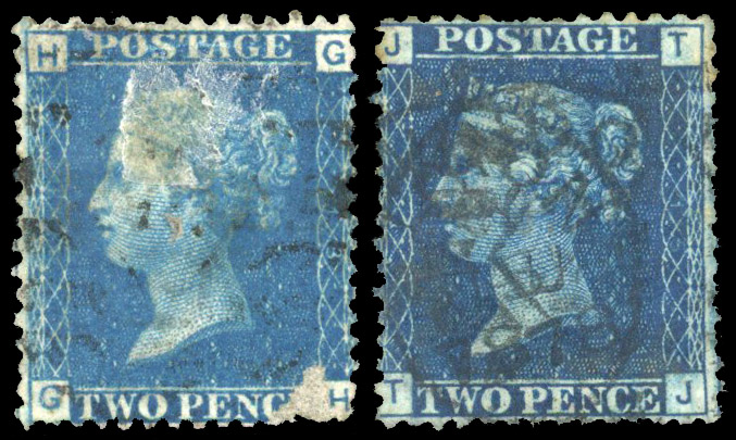 1868 G.S.S. & Co unofficial underprint two used 2d Blues Pl.13 & 15