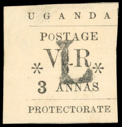 Uganda 1896 3a black handstamped ‘L’ in black, with small ‘o’ in ‘POSTAGE’ variety, SG 72a