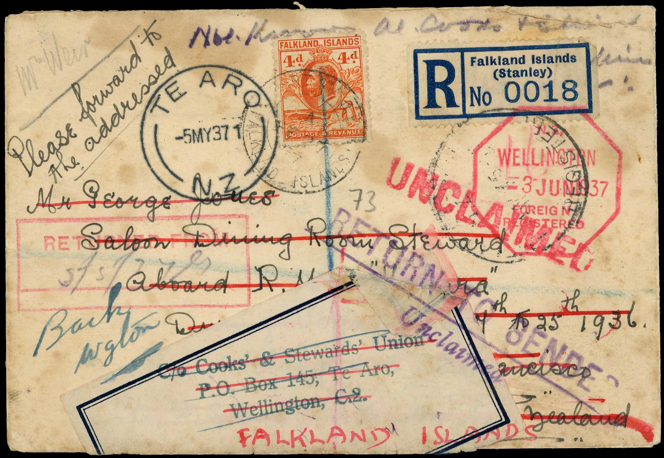1937 unclaimed and much travelled...
