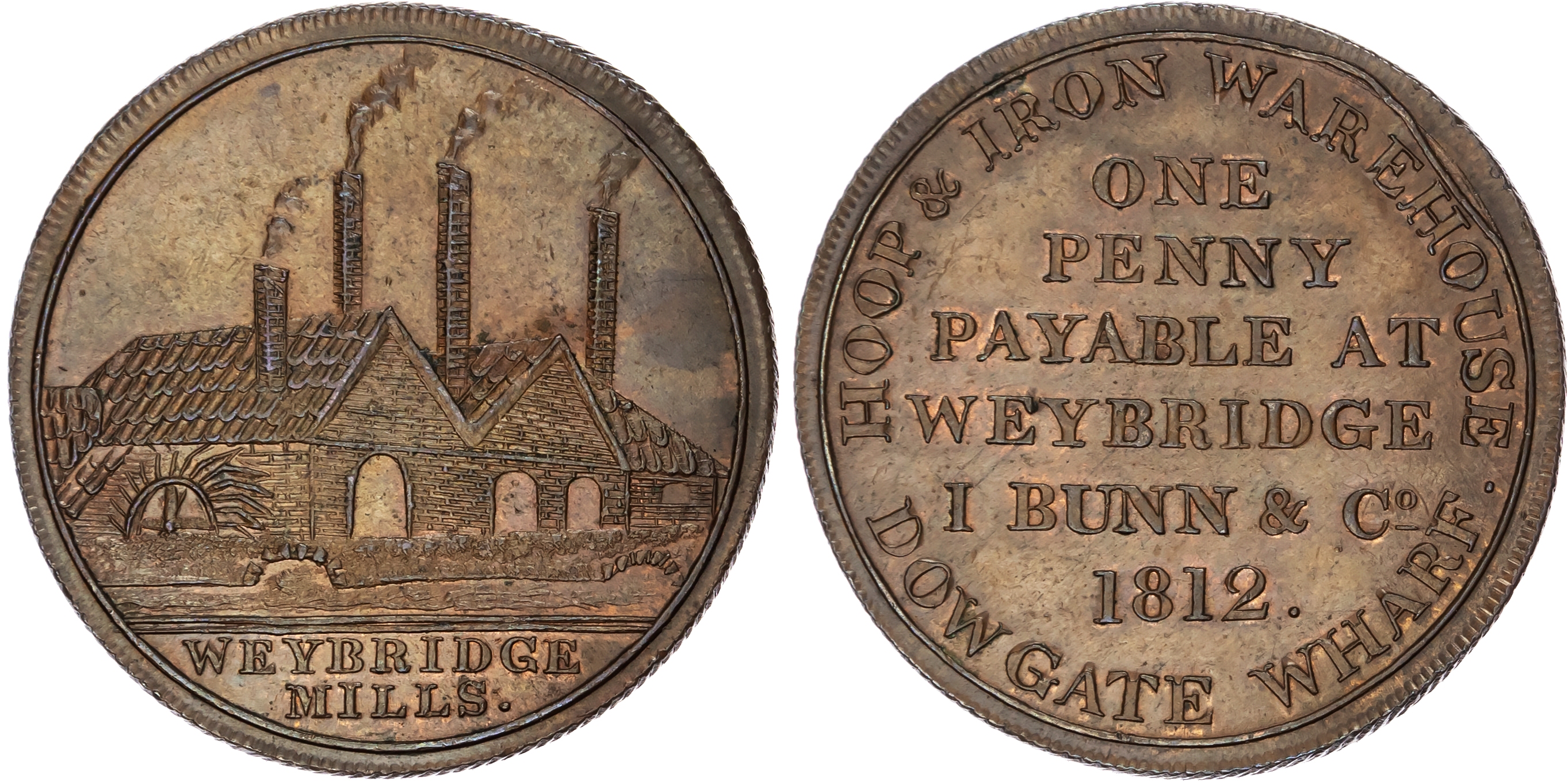 WEYBRIDGE , Surr. John Bunn (hoop and iron articles manufacturer) Penny 1812, View of iron mills, rev. Six-lin…