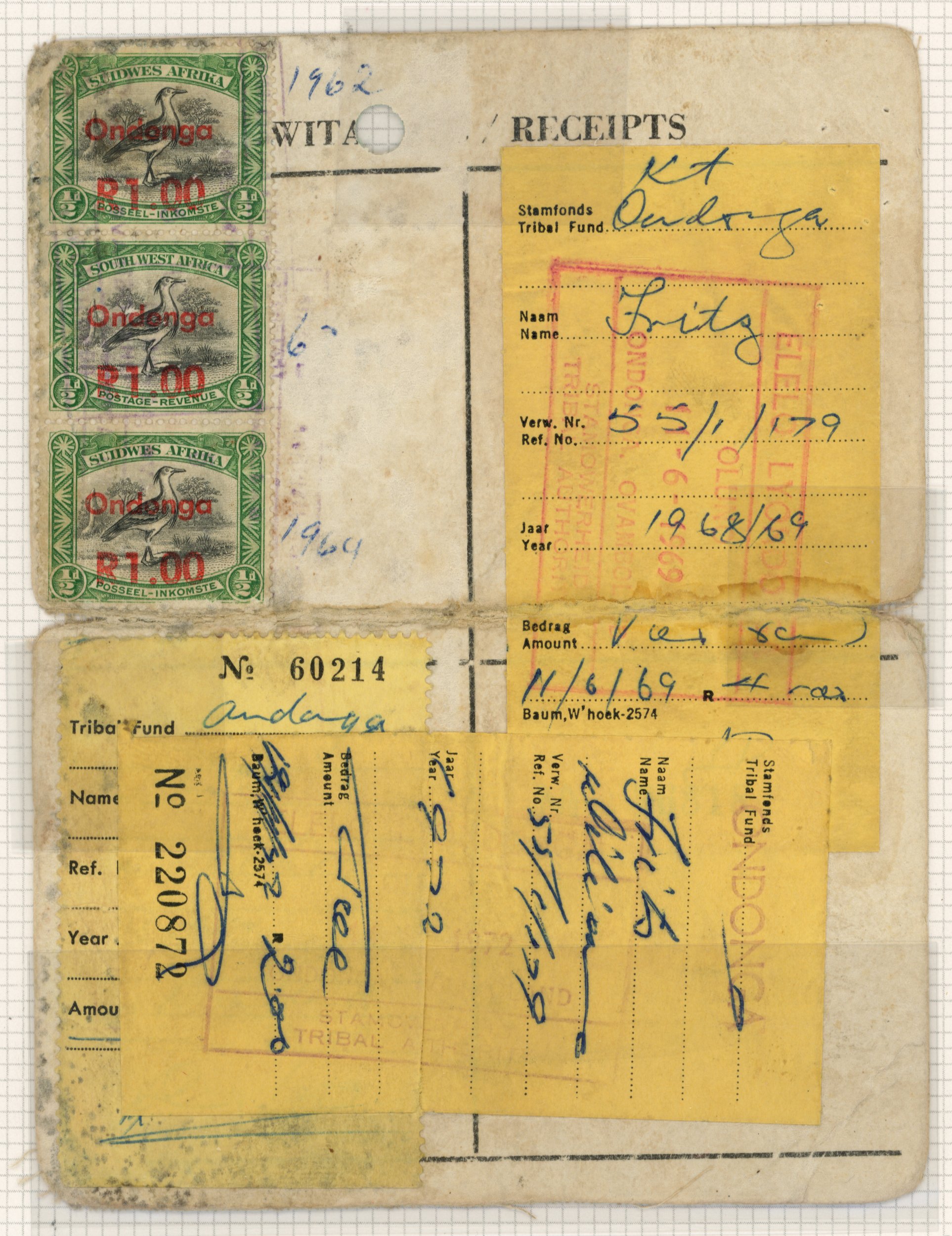 South West Africa. Tribal Taxes; Ondonga. Registration card for 1962-1964
