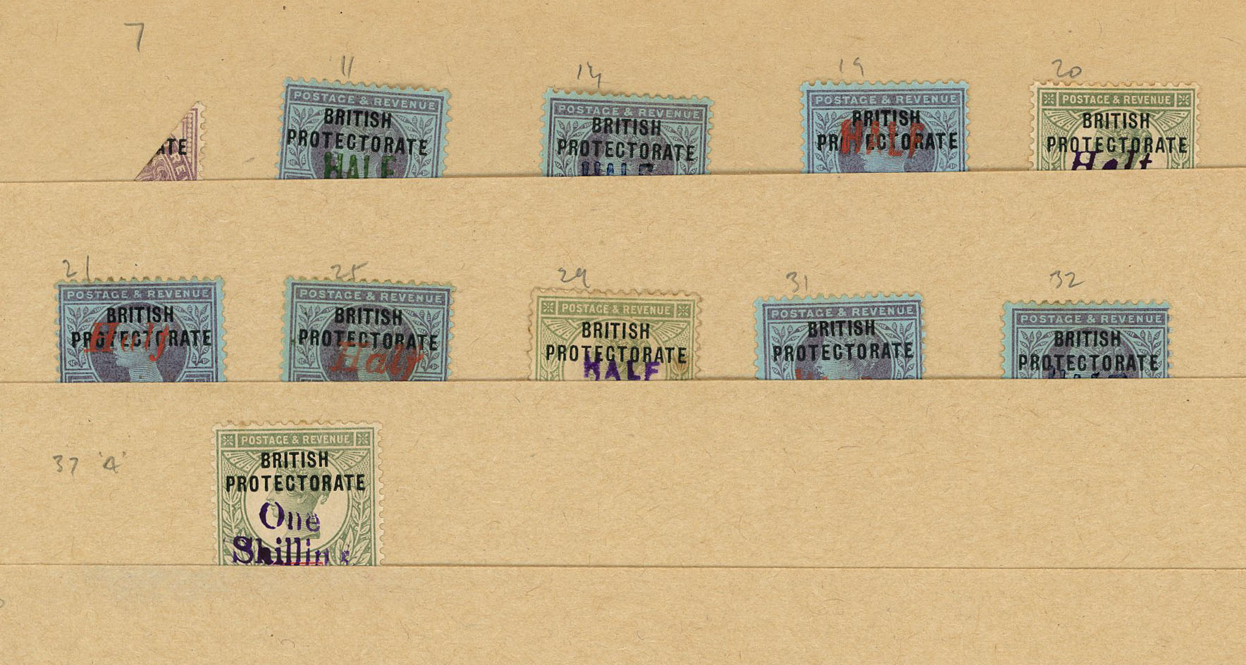 1893-4 Old Calabar provisionals.  O.g. or unused selection of 11, all genuinely surcharged but each with defects, making a...