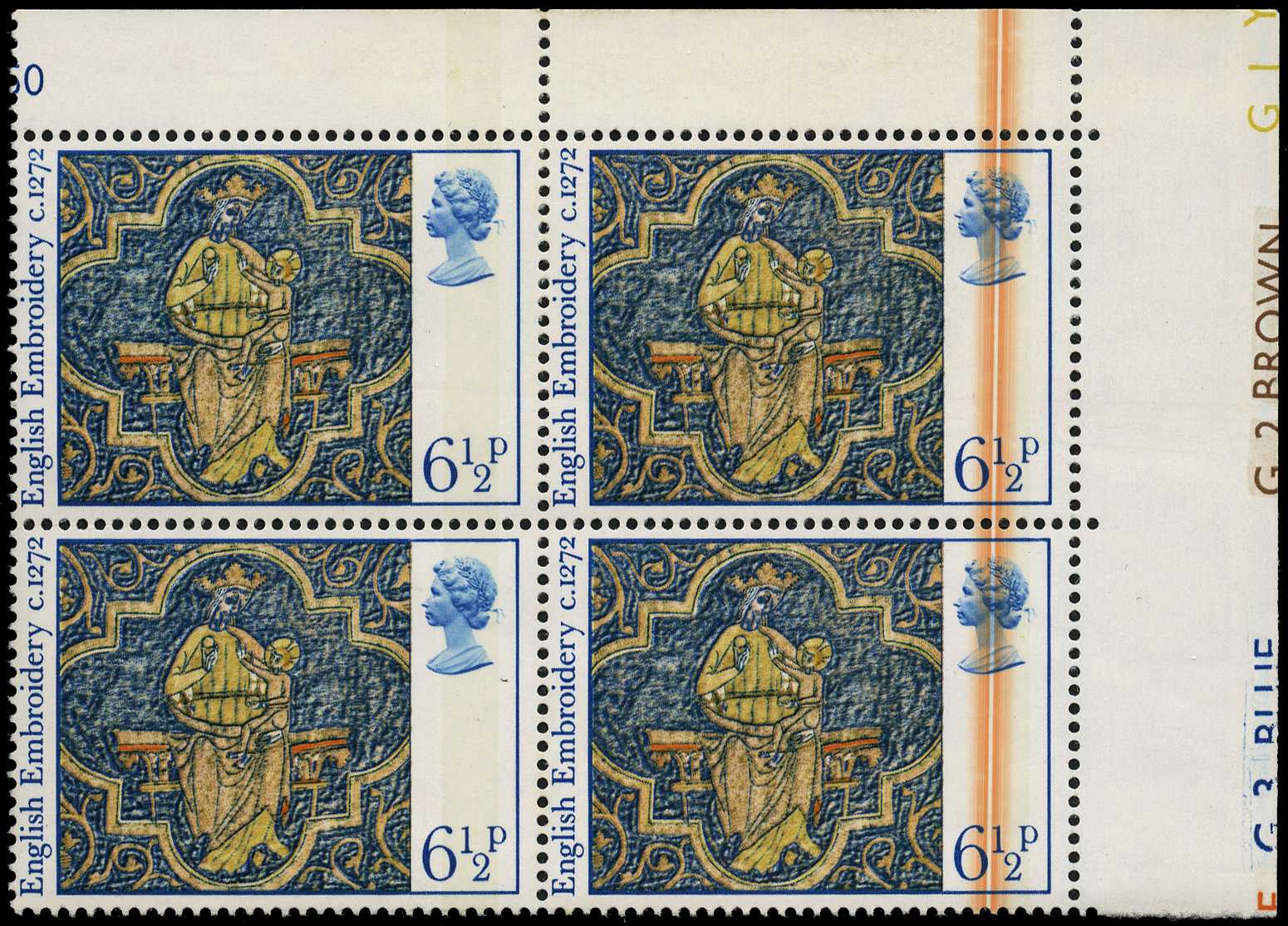 1976 6½p Christmas u/r corner marginal block...