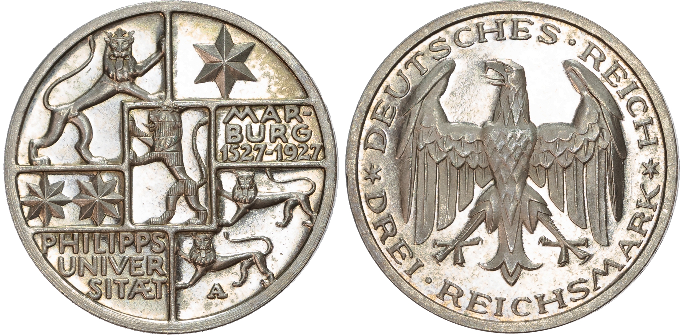 Germany, Weimar Republic (1913-1933), 400th Anniversary of Philipps University, Proof silver 3 Reichsmark.