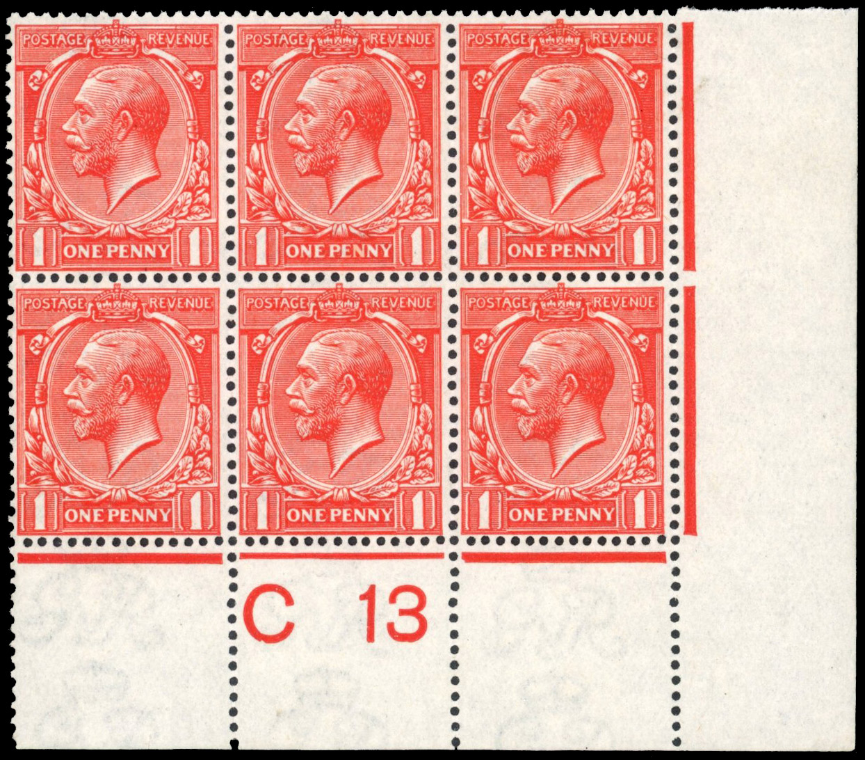 GB: 1912-24 1d bright scarlet-vermilion, mint control C13 block