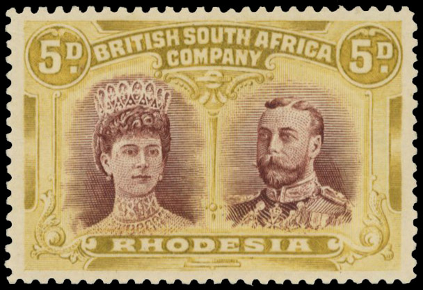 5d purple-brown and ochre SG 141ab, position 4 flaw on Queen's cheek mint