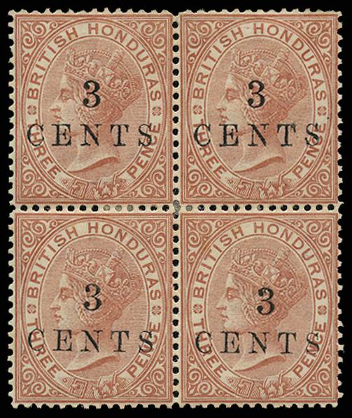 BRITISH HONDURAS SG 26 1888 3c ON 3d CHESTNUT BLOCK OF 4 O.G