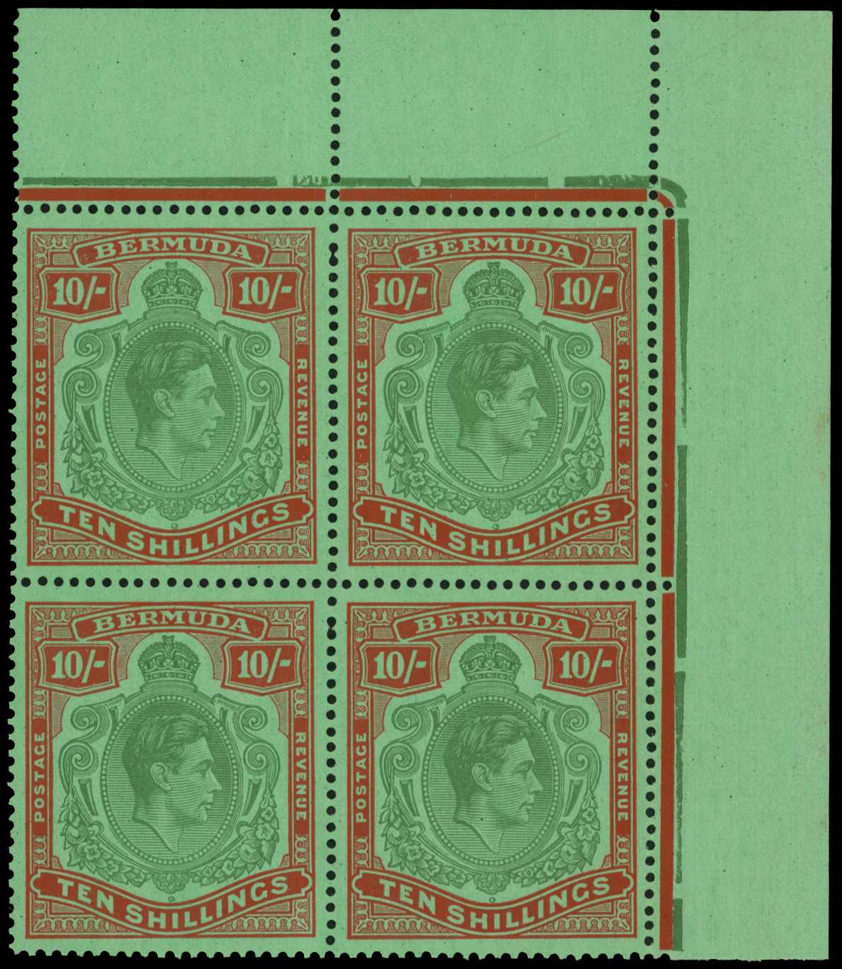 1943 10/- yellowish green and deep carmine-red...