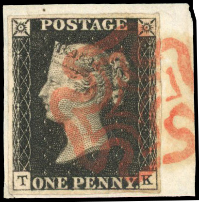 1840 1d black, plate 6 (TK), four margins, tied to small piece by red MC