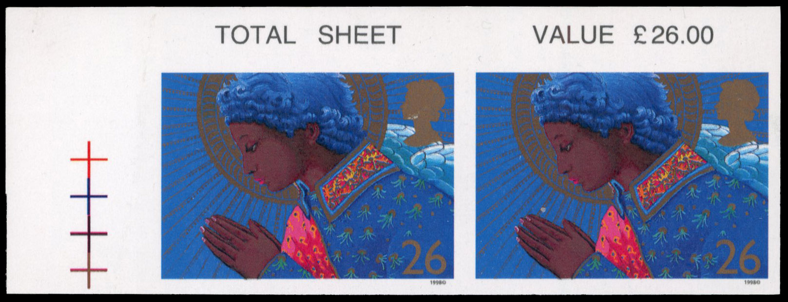 1998 26p Christmas, Angel praying, top left-hand corner marginal, horizontal imperforate pair, fine unmounted o.g. SG 2065a 