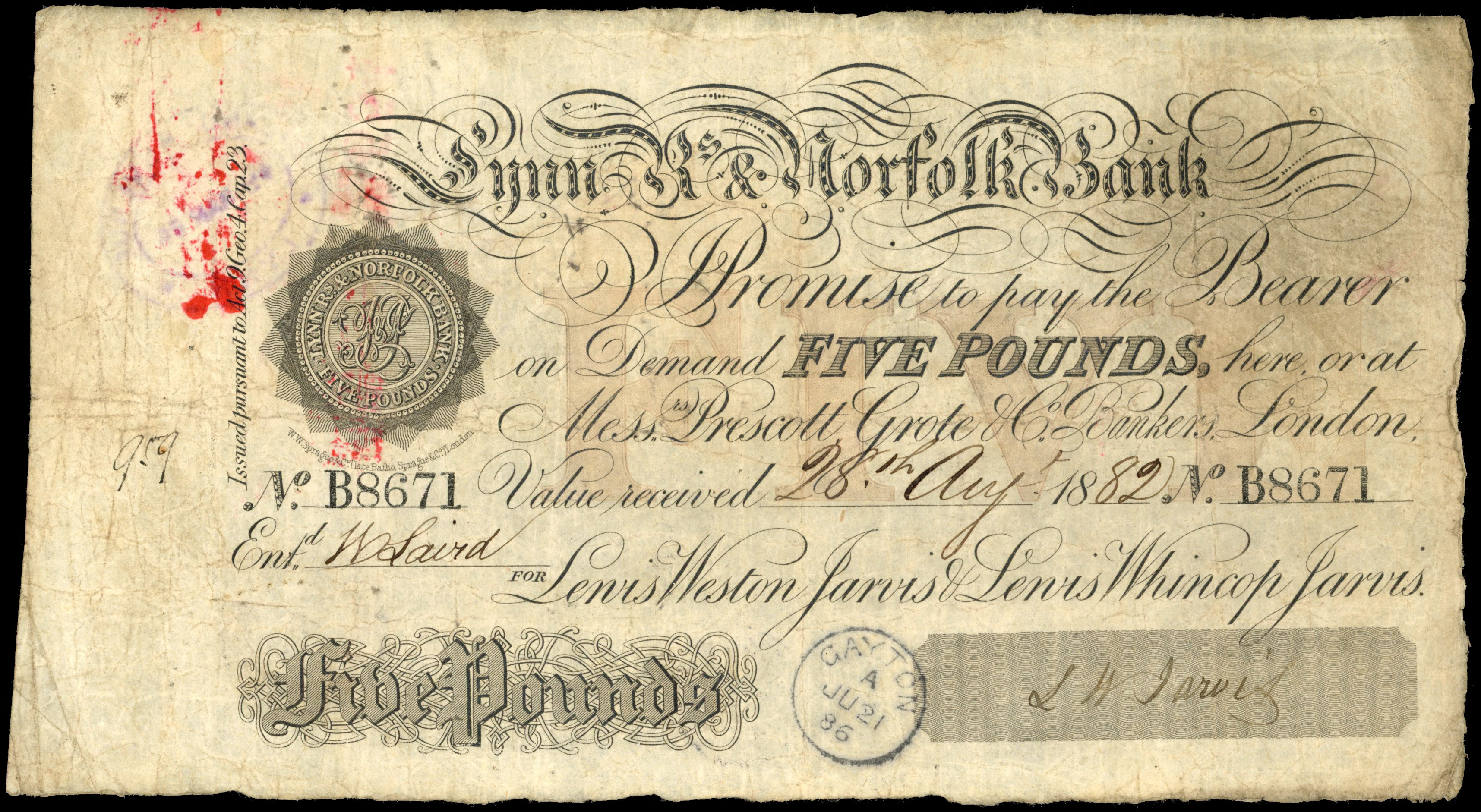 KINGS LYNN, Lynn Regis & Norfolk Bank, for Louis Weston Jarvis & Lewis Whincop Jarvis £5.,28 August 1882 seria…
