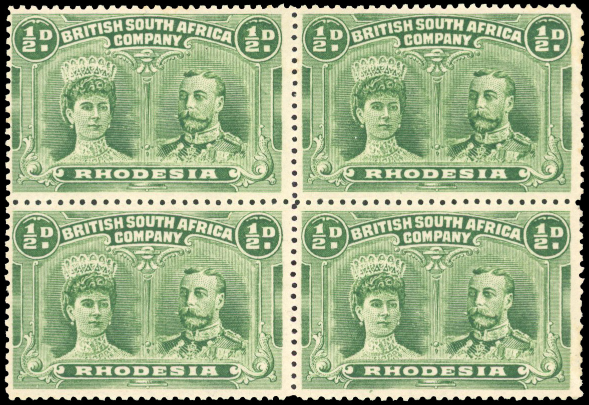 Rhodesia 1910-13 ½d dull green perf 14 block of 4 unmounted