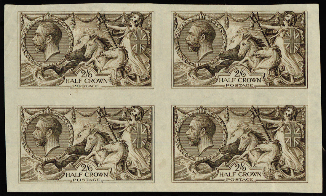 GB SG 399 2s6d Seahorse colour trial block in sepia