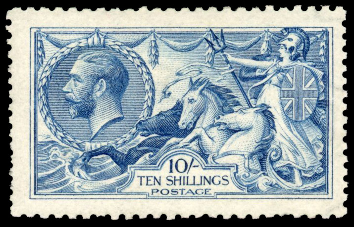 GB: 1915 DLR Seahorse 10s deep bright blue, mint large part o.g. with lovely colour.