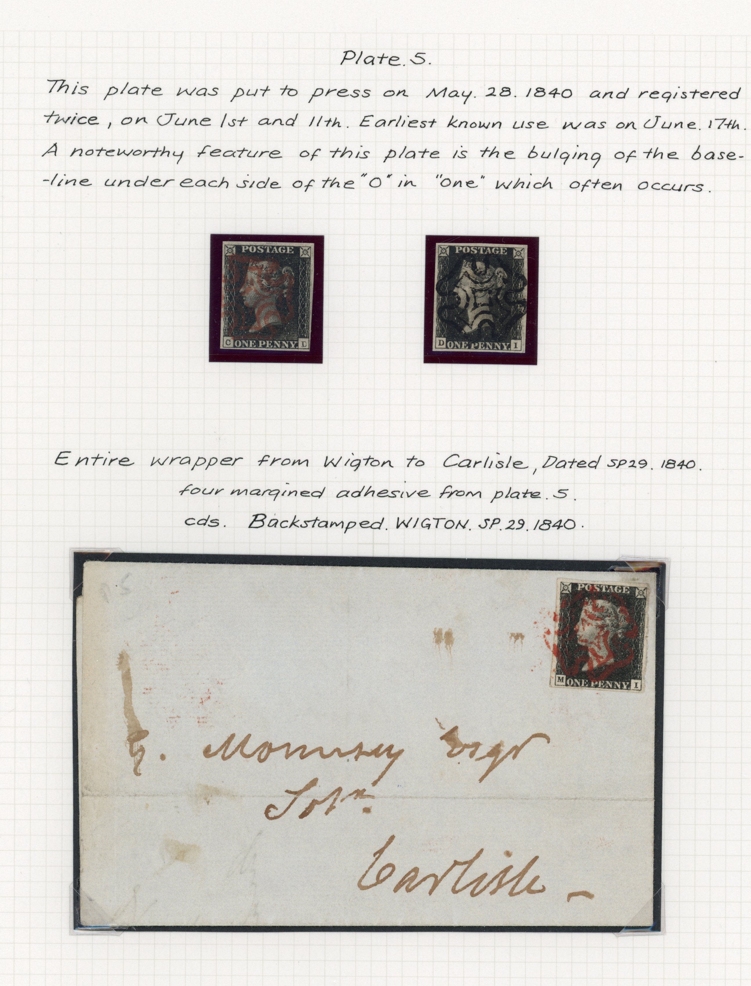1840 1d Black Pl.5. Fine group of nine adhesive